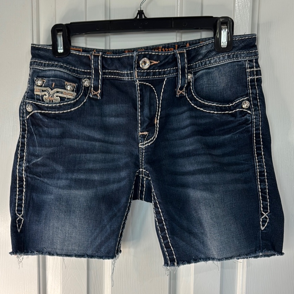 ROCK REVIVAL MID RISE curve stretch RAW HEM CUT OFF Denim Women's Shorts Sz 28
